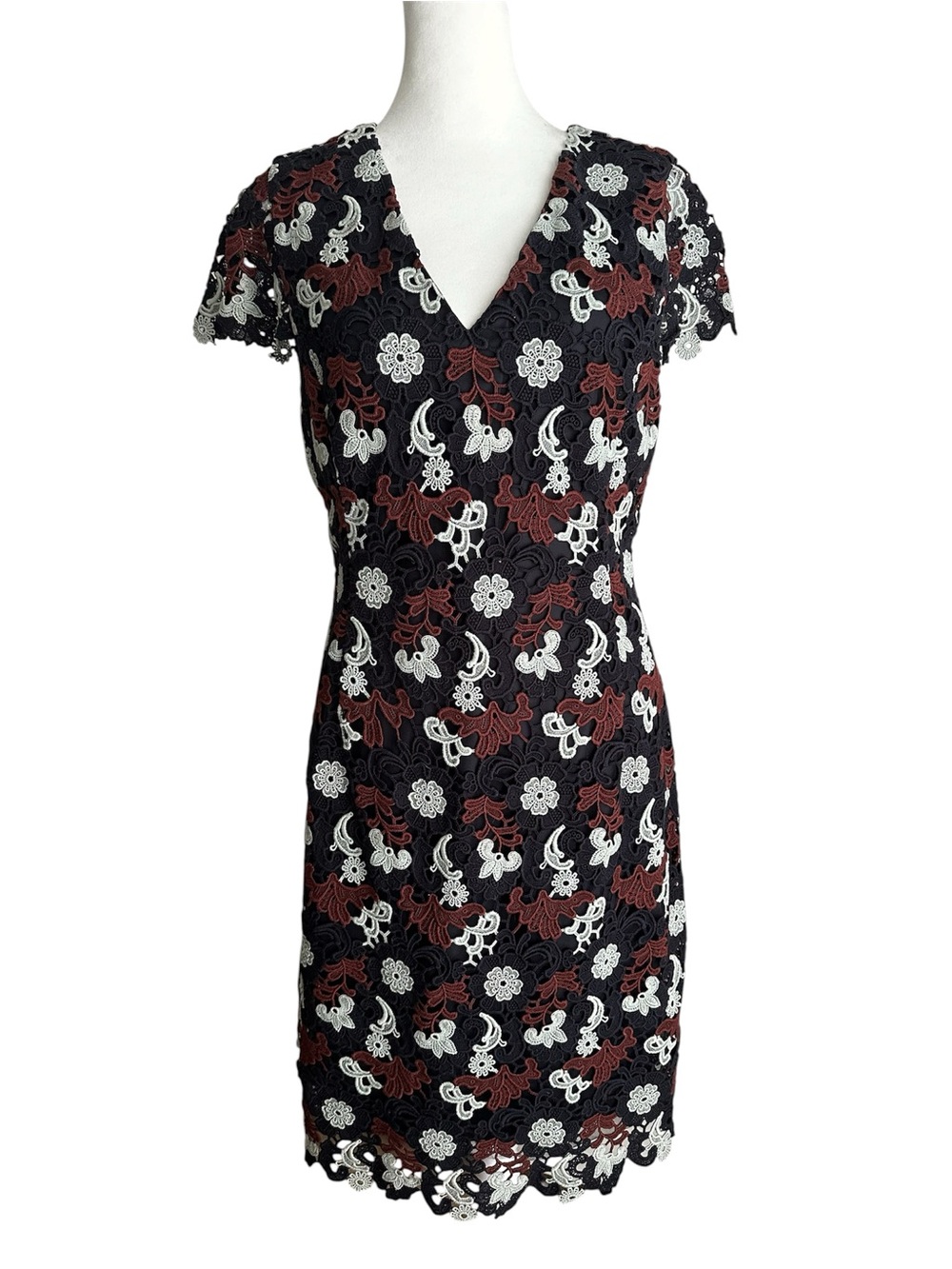 Tory Burch Floral Lace Midi Dress with White and Brown Floral Embroidery